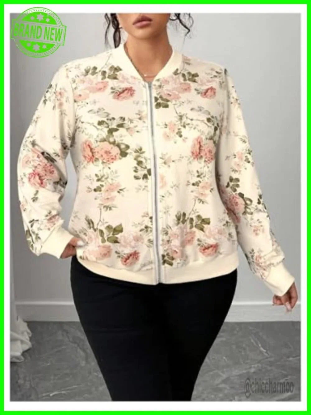 Plus Size Floral Printed Bomber Jacket Zip Up Long Sleeve Varsity